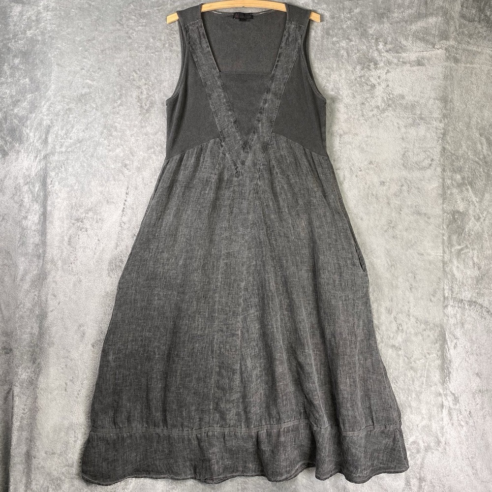 Carre Noir Dress Womens Sz L Grey Linen Overdyed Pockets Square Neck Italy Tank